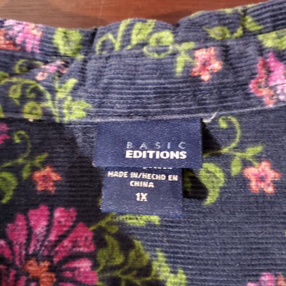 Vtg Basic Editions 90s Y2K Fine Wale Corduroy Floral Pearl Snap Shirt Jacket 1X - Picture 8 of 11